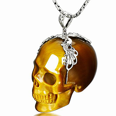 Necklace of Gold Tiger Eye Carved Crystal Skull Pendant with 925 Sterling Silver Chain